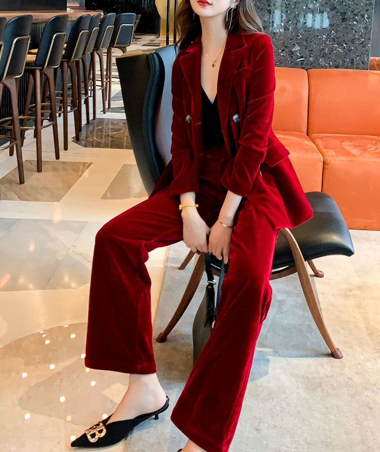 Velvet Red Pantsuit, Deluxe Designer Woman Korean Style Minimalist Montone Suit Jacket + Pants for Smart Casual/ Formal/ Gift for her