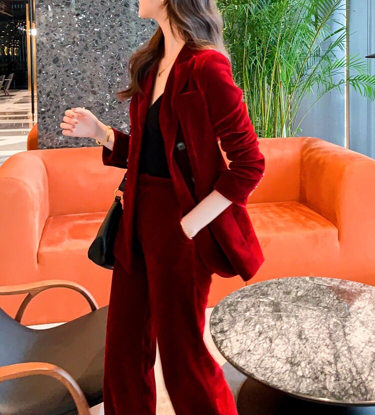 Velvet Red Pantsuit, Deluxe Designer Woman Korean Style Minimalist Montone Suit Jacket + Pants for Smart Casual/ Formal/ Gift for her