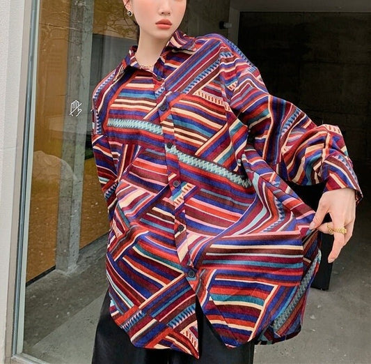 Irregular Striped Art Blouse, Designer Woman Abstract Button Graphics Shirt for Smart Casual/ Formal/ Event Party/ Gift