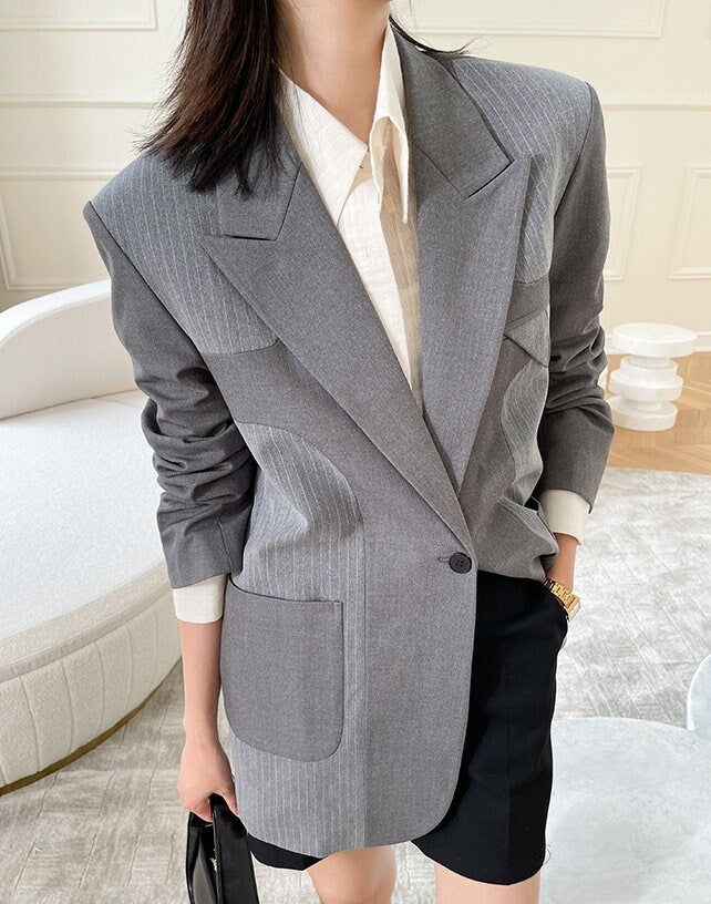 Gray Patchwork Pantsuit, Designer Woman Korean Minimalist Style Loose Fit Suit Jacket + Pants for Smart Casual/ Formal/ Event Party/ Gift