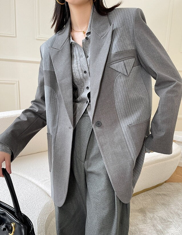 Gray Patchwork Pantsuit, Designer Woman Korean Minimalist Style Loose Fit Suit Jacket + Pants for Smart Casual/ Formal/ Event Party/ Gift