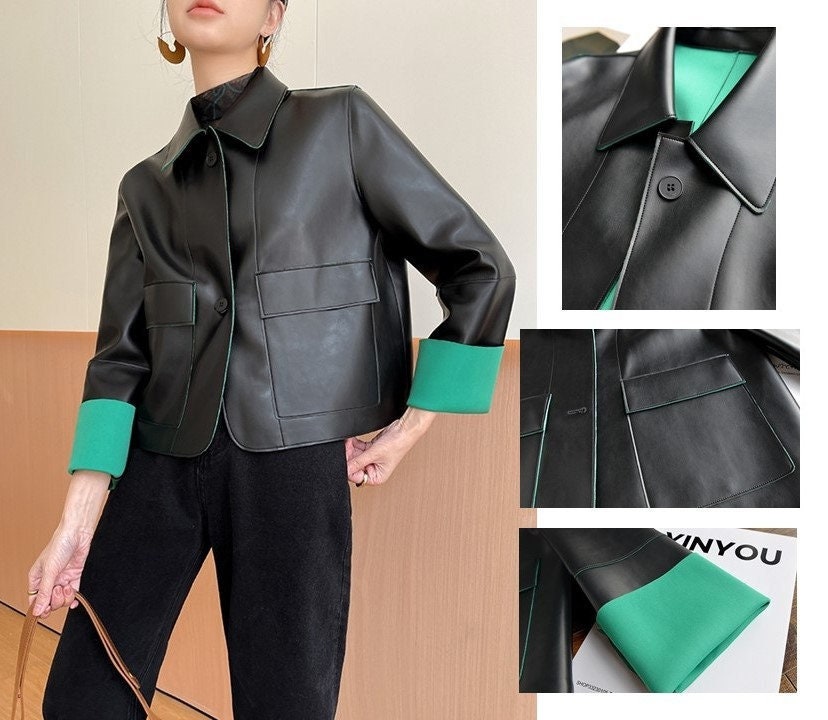 Contrast Colored Faux Leather Jacket, Designer Woman Top Minimalist Modern City Style for Smart Casual/ Formal/ Event Party/ Gift