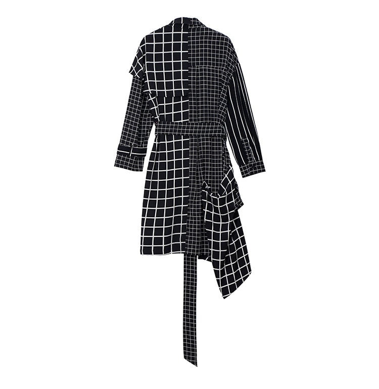 Asymmetric Check Shirtdress, Designer Woman Geometric Style Blouse Dress With Belt for Smart Casual/ Formal/ Event Party/ Gift