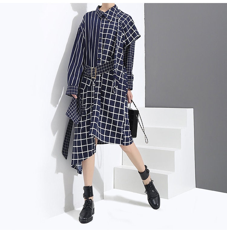 Asymmetric Check Shirtdress, Designer Woman Geometric Style Blouse Dress With Belt for Smart Casual/ Formal/ Event Party/ Gift