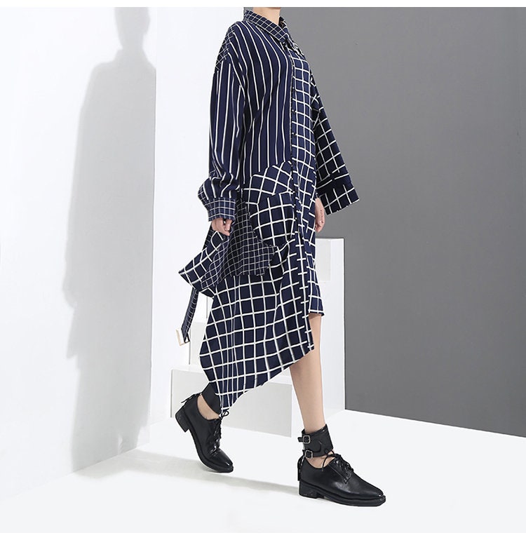 Asymmetric Check Shirtdress, Designer Woman Geometric Style Blouse Dress With Belt for Smart Casual/ Formal/ Event Party/ Gift