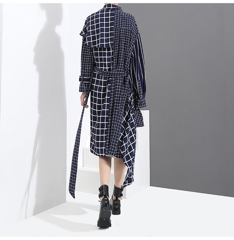 Asymmetric Check Shirtdress, Designer Woman Geometric Style Blouse Dress With Belt for Smart Casual/ Formal/ Event Party/ Gift