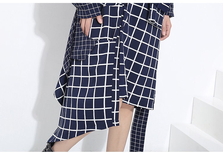 Asymmetric Check Shirtdress, Designer Woman Geometric Style Blouse Dress With Belt for Smart Casual/ Formal/ Event Party/ Gift