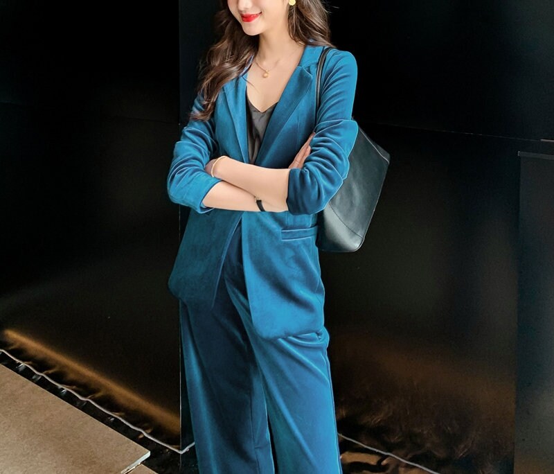 Shiny Blue Pantsuit, Designer Woman Suit Jacket + Pants Deluxe for Smart Casual/ Formal/ Party Event/ Gift