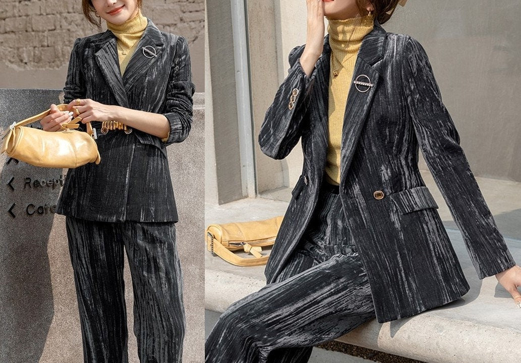 Gray Velvet Pantsuit, Designer Woman Suit Jacket + Pants Slim Cut Deluxe for Smart Casual/ Formal/ Party Event/ Gift