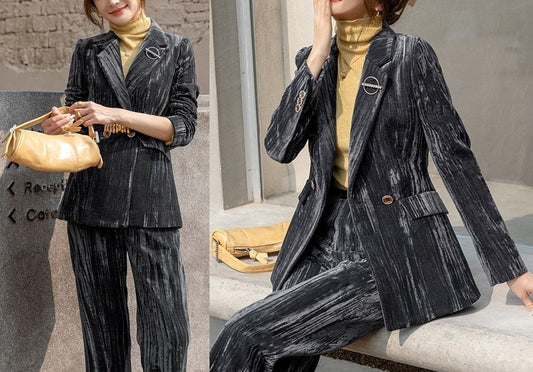 Gray Velvet Pantsuit, Designer Woman Suit Jacket + Pants Slim Cut Deluxe for Smart Casual/ Formal/ Party Event/ Gift