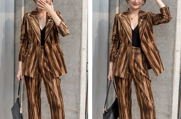 Wooden Brown Velvet Pantsuit, Designer Woman Suit Jacket + Pants Slim Cut Deluxe for Smart Casual/ Formal/ Party Event/ Gift