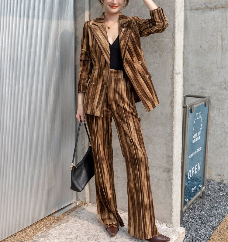 Wooden Brown Velvet Pantsuit, Designer Woman Suit Jacket + Pants Slim Cut Deluxe for Smart Casual/ Formal/ Party Event/ Gift