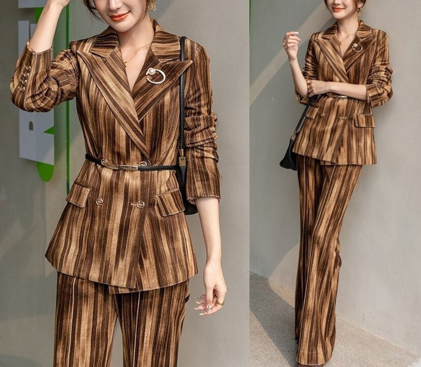 Wooden Brown Velvet Pantsuit, Designer Woman Suit Jacket + Pants Slim Cut Deluxe for Smart Casual/ Formal/ Party Event/ Gift