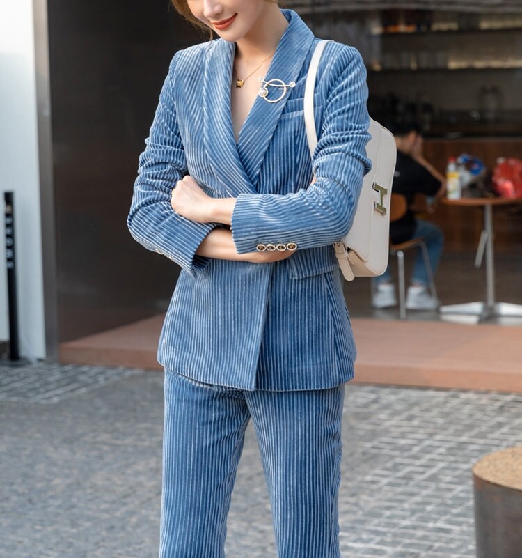 Light Blue Corduroy Pantsuit, Designer Woman Suit Jacket + Pants Slim Cut Deluxe for Smart Casual/ Formal/ Party Event/ Gift