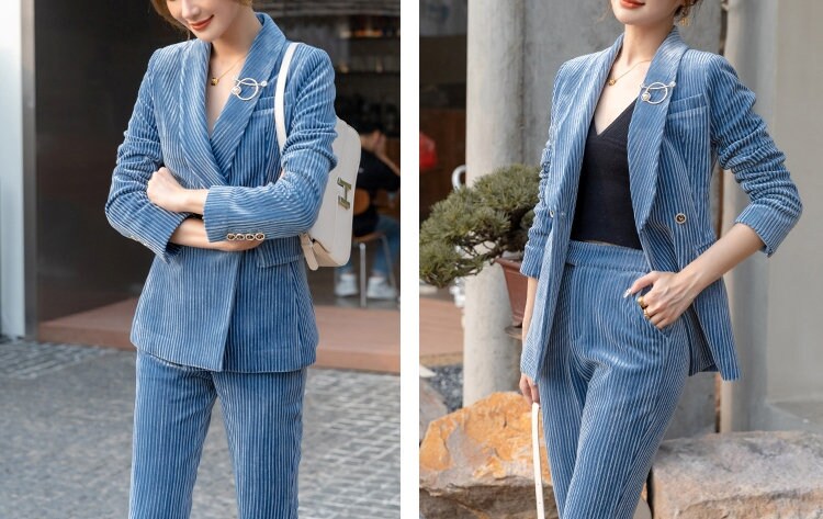 Light Blue Corduroy Pantsuit, Designer Woman Suit Jacket + Pants Slim Cut Deluxe for Smart Casual/ Formal/ Party Event/ Gift