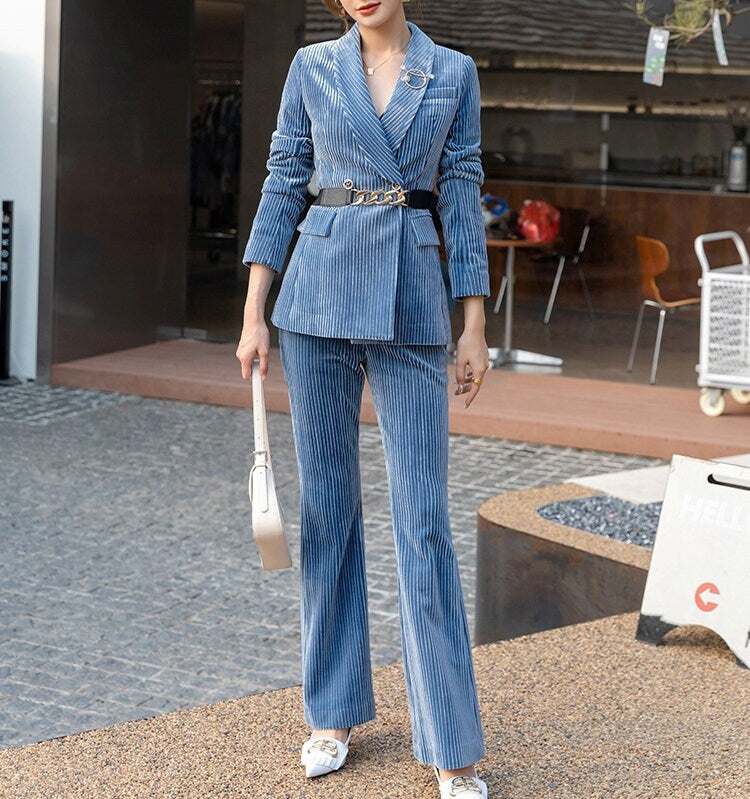 Light Blue Corduroy Pantsuit, Designer Woman Suit Jacket + Pants Slim Cut Deluxe for Smart Casual/ Formal/ Party Event/ Gift