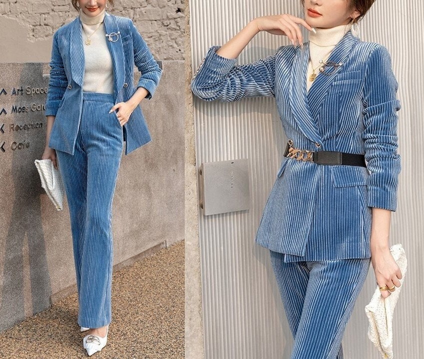 Light Blue Corduroy Pantsuit, Designer Woman Suit Jacket + Pants Slim Cut Deluxe for Smart Casual/ Formal/ Party Event/ Gift