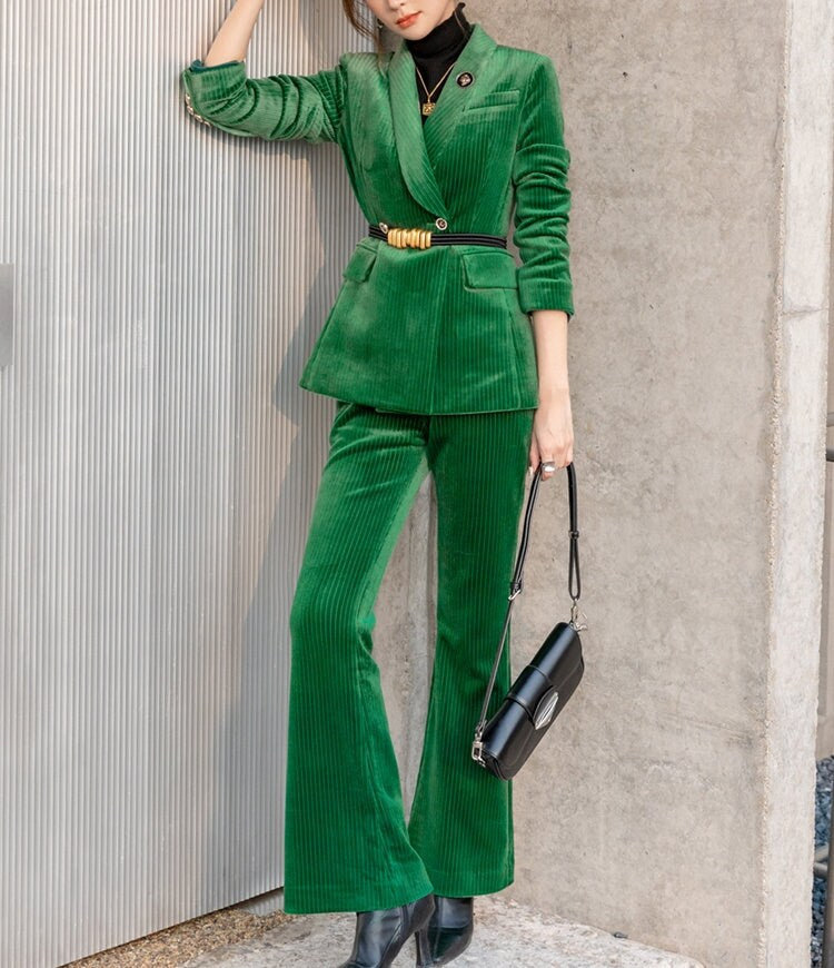 Sharp Green Velvet Pantsuit, Designer Woman Suit Jacket + Pants Slim Cut Deluxe for Smart Casual/ Formal/ Party Event/ Gift