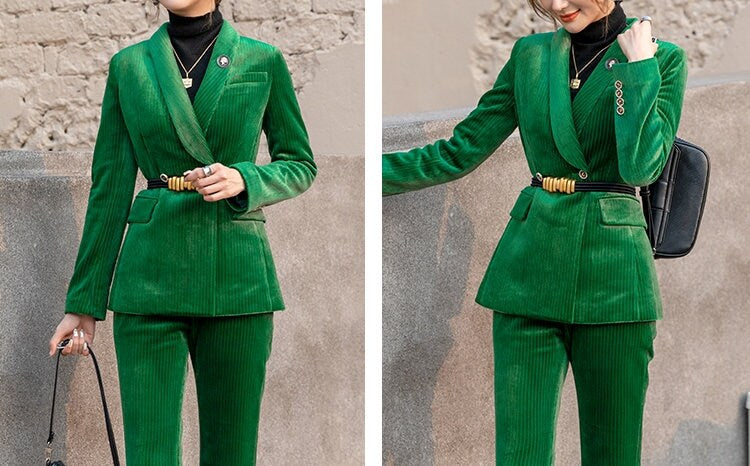 Sharp Green Velvet Pantsuit, Designer Woman Suit Jacket + Pants Slim Cut Deluxe for Smart Casual/ Formal/ Party Event/ Gift