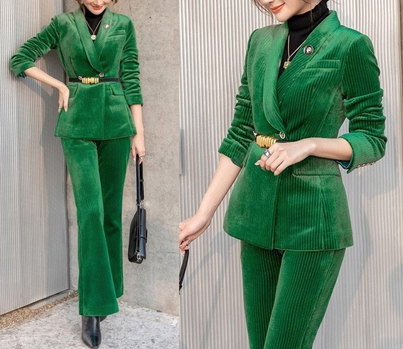 Sharp Green Velvet Pantsuit, Designer Woman Suit Jacket + Pants Slim Cut Deluxe for Smart Casual/ Formal/ Party Event/ Gift