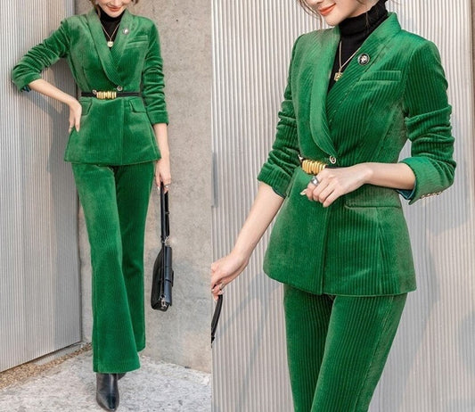 Sharp Green Velvet Pantsuit, Designer Woman Suit Jacket + Pants Slim Cut Deluxe for Smart Casual/ Formal/ Party Event/ Gift