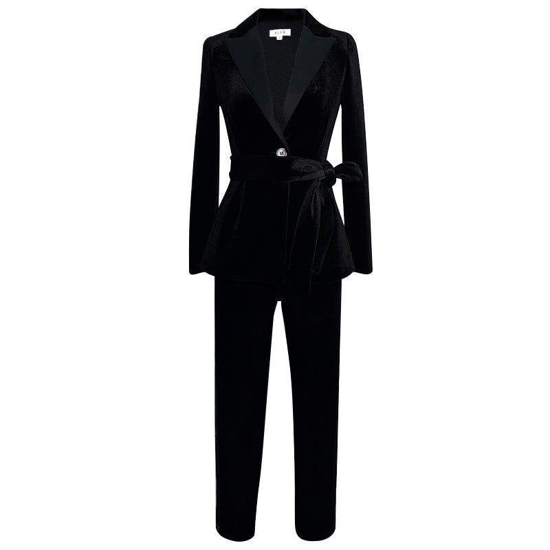 Black Velvet Pantsuit, Designer Woman Suit Jacket + Pants Slim Cut Deluxe for Smart Casual/ Formal/ Party Event/ Gift