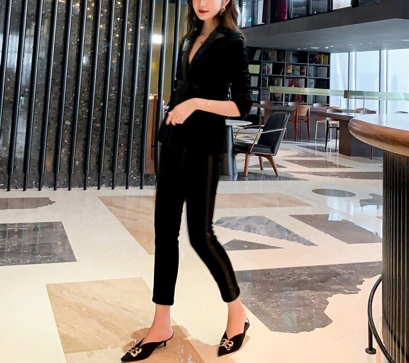 Black Velvet Pantsuit, Designer Woman Suit Jacket + Pants Slim Cut Deluxe for Smart Casual/ Formal/ Party Event/ Gift