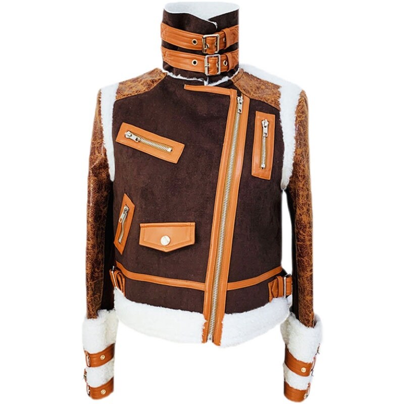 Brown Faux Leather Patchwork Striped Jacket, Designer Woman Loop Pile Multi-Zipper Cotton Jacket Smart Casual/ Outdoors/ Party Event/ Gift