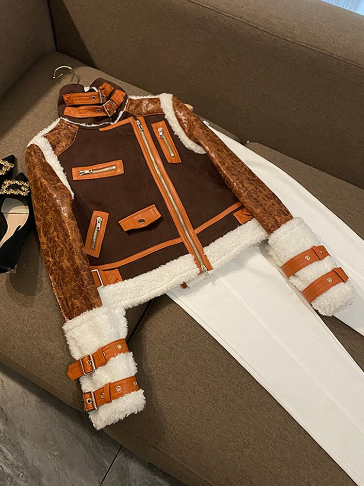 Brown Faux Leather Patchwork Striped Jacket, Designer Woman Loop Pile Multi-Zipper Cotton Jacket Smart Casual/ Outdoors/ Party Event/ Gift