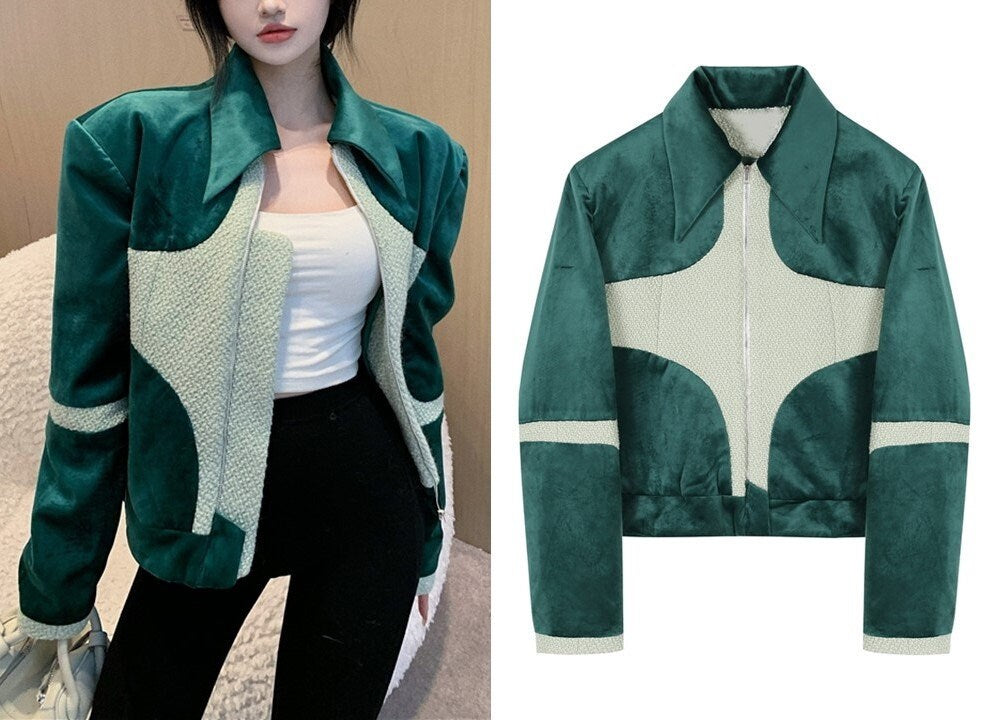 Green Chic Jacket, Designer Woman Patchwork Jacket Geometric Street Style for Smart Causal/ Party Event/ Gift for her