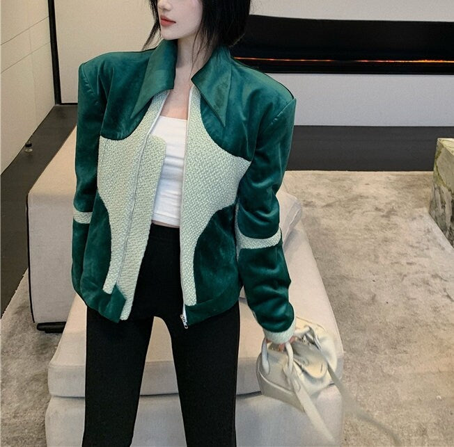 Green Chic Jacket, Designer Woman Patchwork Jacket Geometric Street Style for Smart Causal/ Party Event/ Gift for her