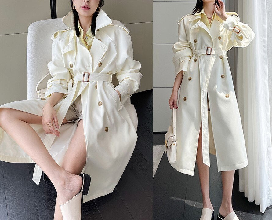 White/ Gray Trench Coat, Designer Woman Long Raincoat Minimalist Style for Smart Casual/ Formal/ Outdoors/ Event Party/Gift for her