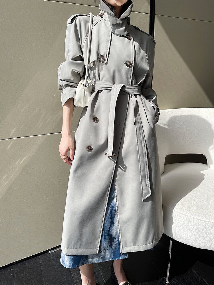 White/ Gray Trench Coat, Designer Woman Long Raincoat Minimalist Style for Smart Casual/ Formal/ Outdoors/ Event Party/Gift for her