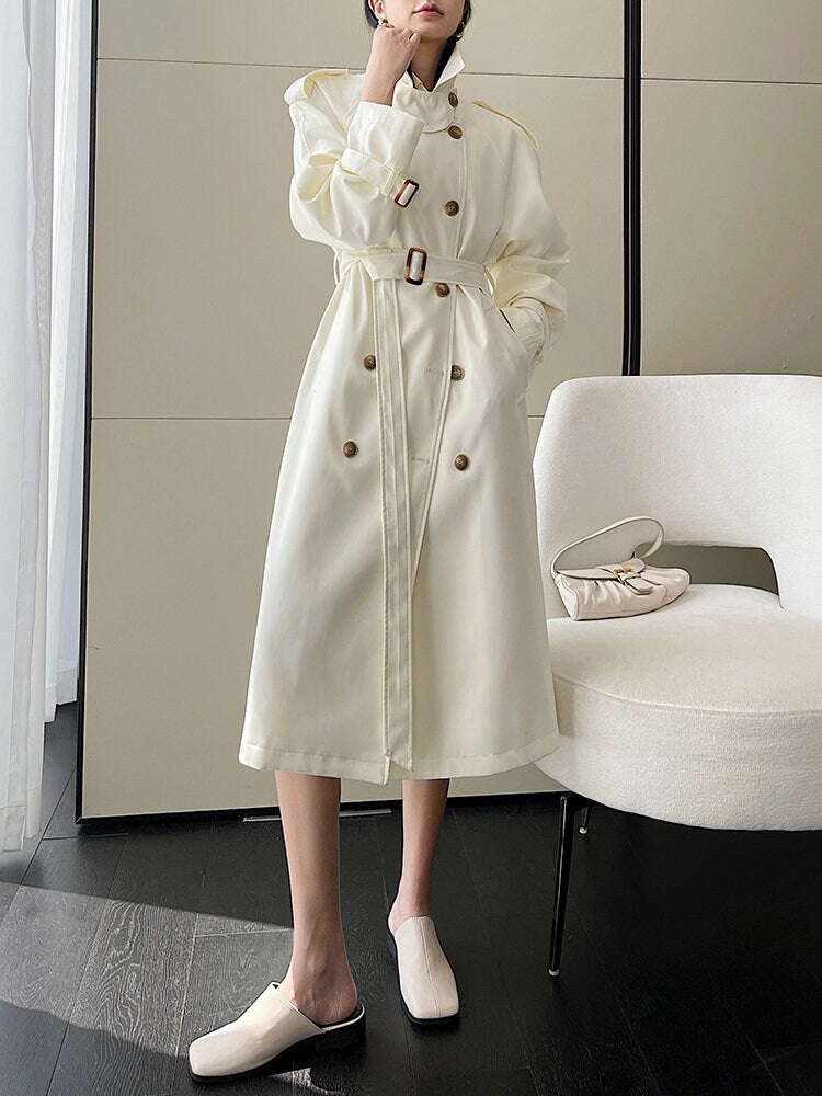 White/ Gray Trench Coat, Designer Woman Long Raincoat Minimalist Style for Smart Casual/ Formal/ Outdoors/ Event Party/Gift for her