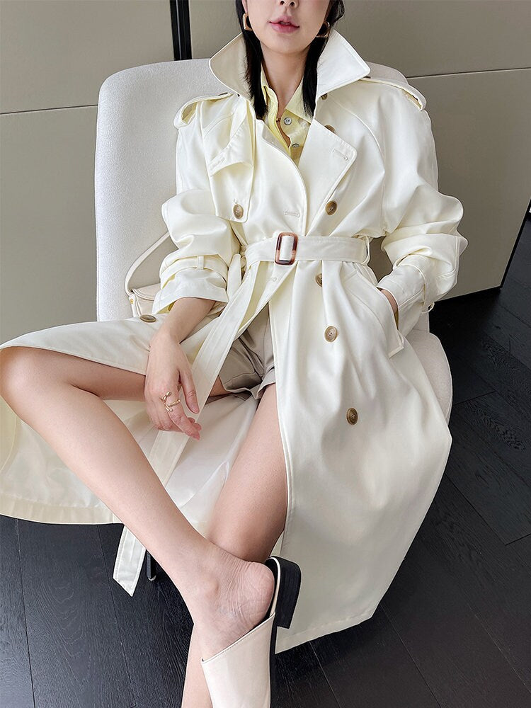 White/ Gray Trench Coat, Designer Woman Long Raincoat Minimalist Style for Smart Casual/ Formal/ Outdoors/ Event Party/Gift for her