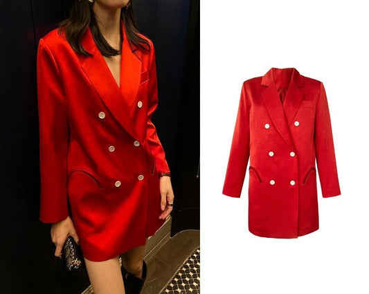 Red Satin Texture Long Blazer, Woman Designer Suit Jacket Minimalist Stylish Modern look for Smart Casual/ Formal/ Event Party/ Gift for her