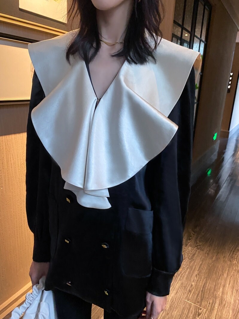 Ruffle Collar Art Blouse, Designer Woman Black & White Sleeved Collared Shirt for Smart Casual/ Formal/ Event Party/ Gift for her