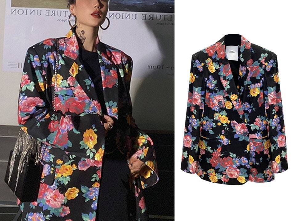 Floral Pattern Blazer, Designer Woman Black Pink Suit Jacket Flower Print Graphics for Smart Casual/ Formal/ Party Event/ Gift