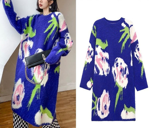 Floral Knitted Blue One Piece, Designer Woman Long Sweater Flower Graphics for Smart Casual/ Outdoors/ Party Event/ Gift