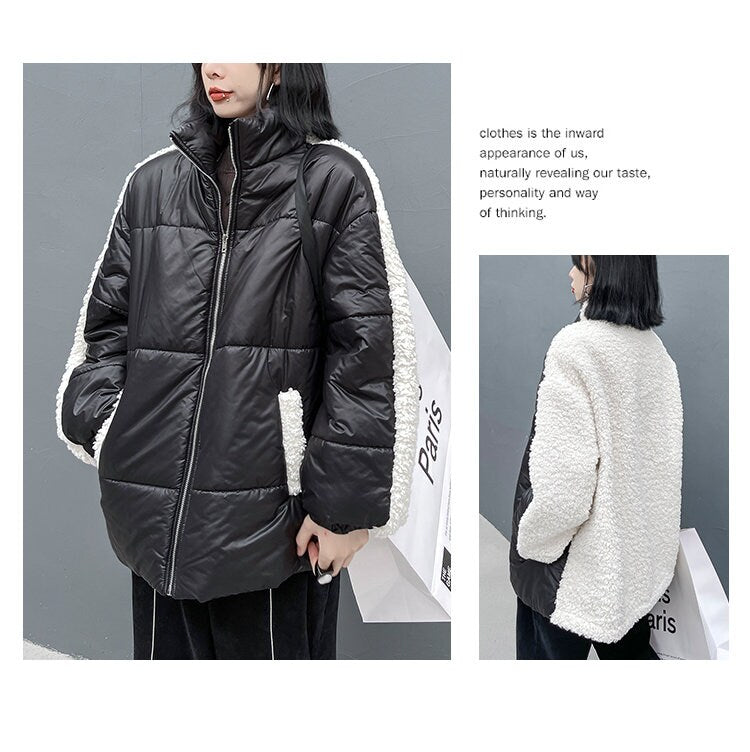 Black & White Winter Quilted Jacket, Designer Woman Patchwork Style Short Coat Outdoors/ Causal/Party Event/ Gift for her