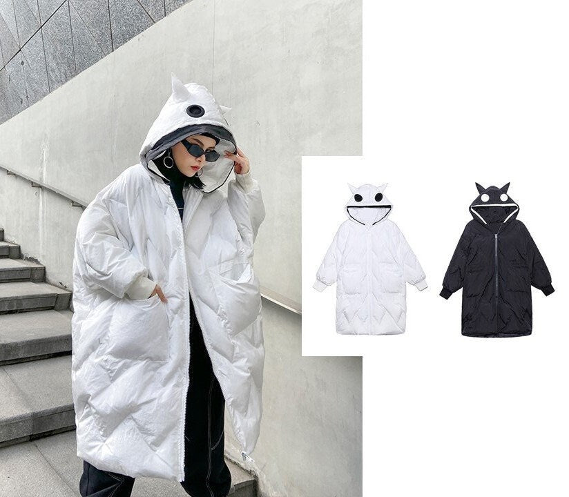 Black/ White Quilted Padded Coat, Designer Woman Winter Jacket with Hood Street Style Smart Casual/ Outdoors/ Gift