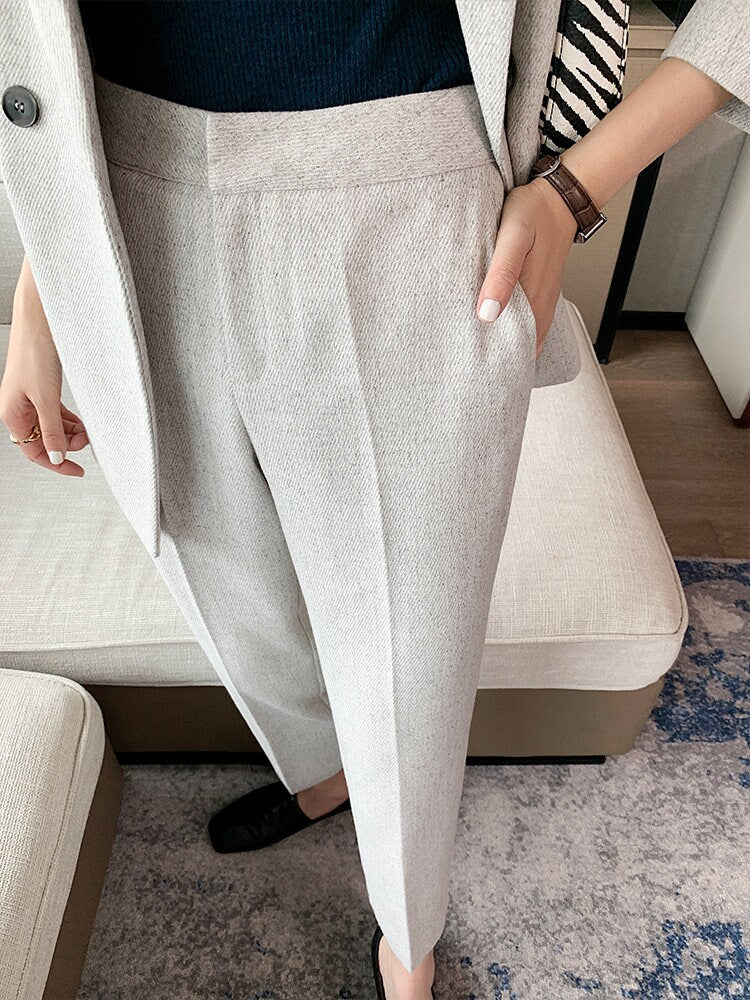 Minimalist Woman Light Gray Pantsuit, Designer Korean Style Montone Suit Jacket + Pants for Smart Casual/ Formal/ Gift for her