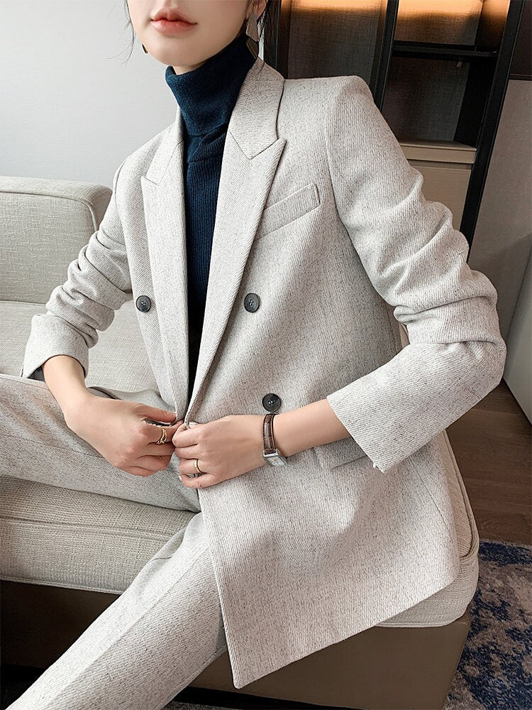 Minimalist Woman Light Gray Pantsuit, Designer Korean Style Montone Suit Jacket + Pants for Smart Casual/ Formal/ Gift for her