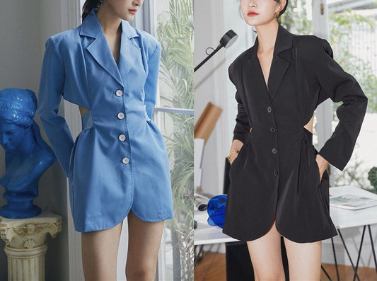 Blue/ Black Long Blazer, Woman Designer Suit Jacket Waist Cut Modern look for Smart Casual/ Formal/ Event Party/ Gift for her