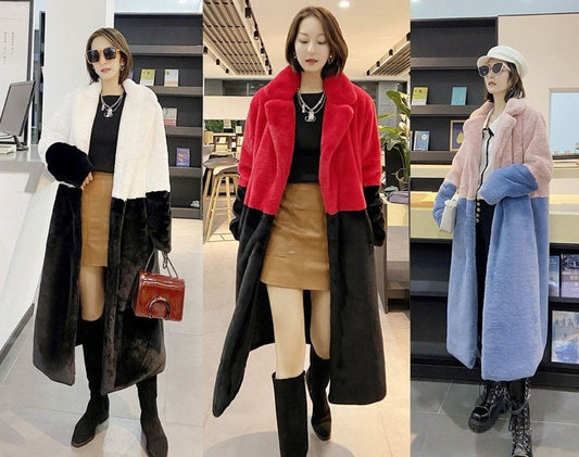 Mult-Colors Patchwork Trench Coat, Designer Woman Long Coat Korean Style for Smart Casual/ Event Party/ Gift for her