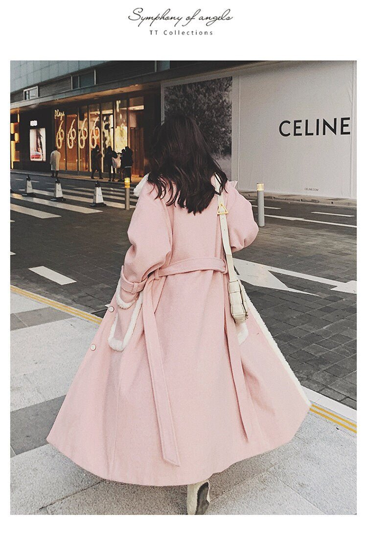 Pink Patchwork Wool Trench Coat, Designer Woman Raincoat Windbreaker Collage Art for Smart Casual/ Formal/ Event Party/ Gift