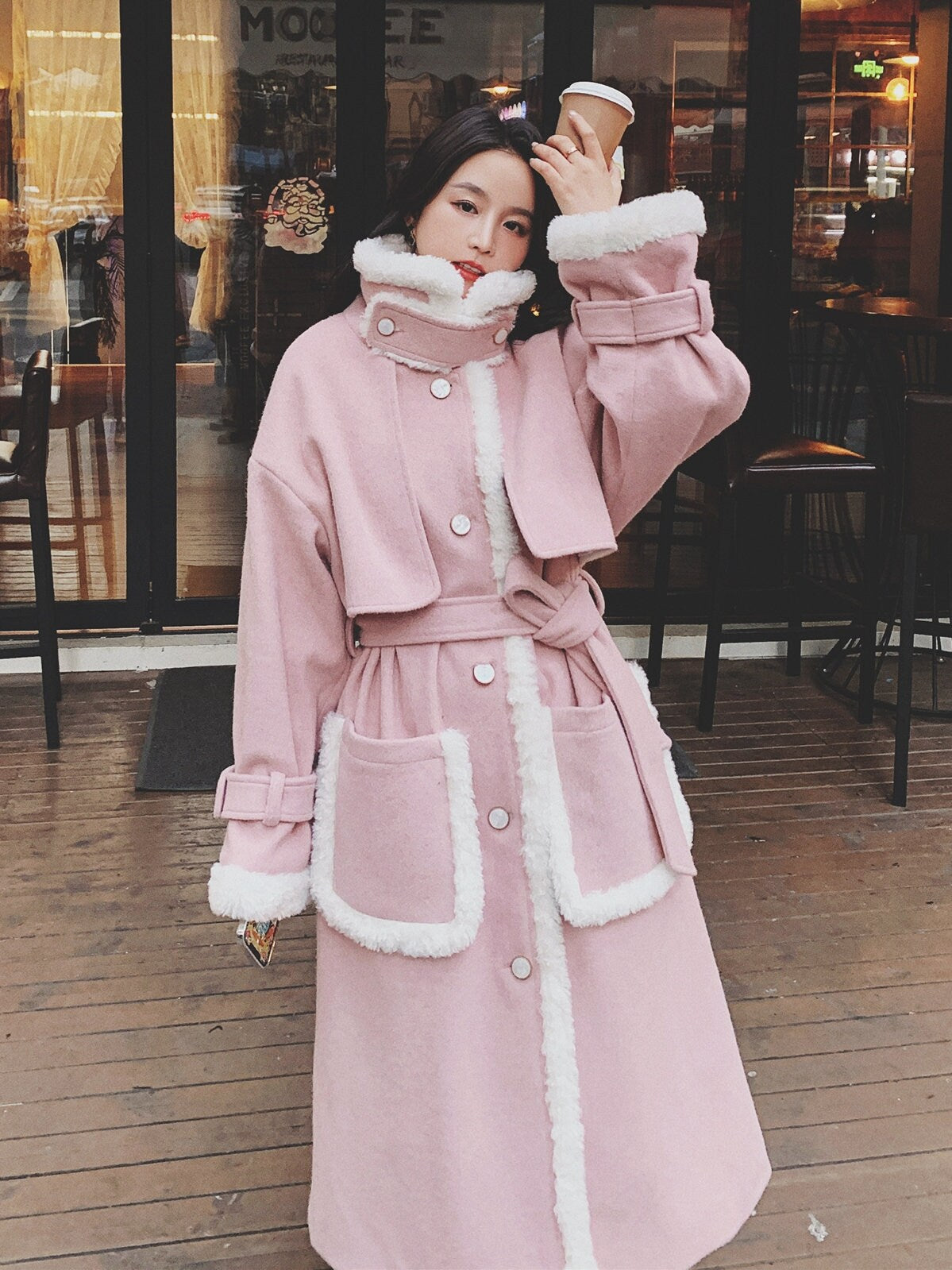 Pink Patchwork Wool Trench Coat, Designer Woman Raincoat Windbreaker Collage Art for Smart Casual/ Formal/ Event Party/ Gift