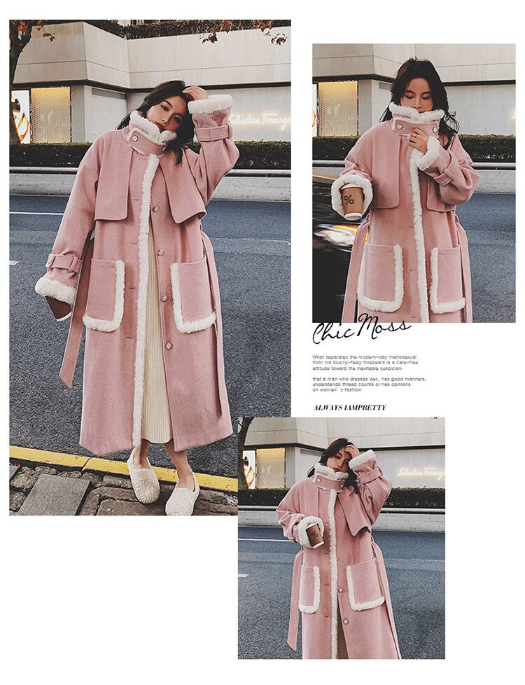 Pink Patchwork Wool Trench Coat, Designer Woman Raincoat Windbreaker Collage Art for Smart Casual/ Formal/ Event Party/ Gift