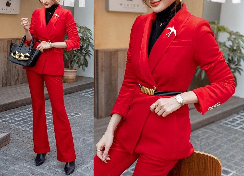 Red Velvet Pantsuit, Designer Woman Suit Jacket + Pants Slim Cut Deluxe for Smart Casual/ Formal/ Party Event/ Gift