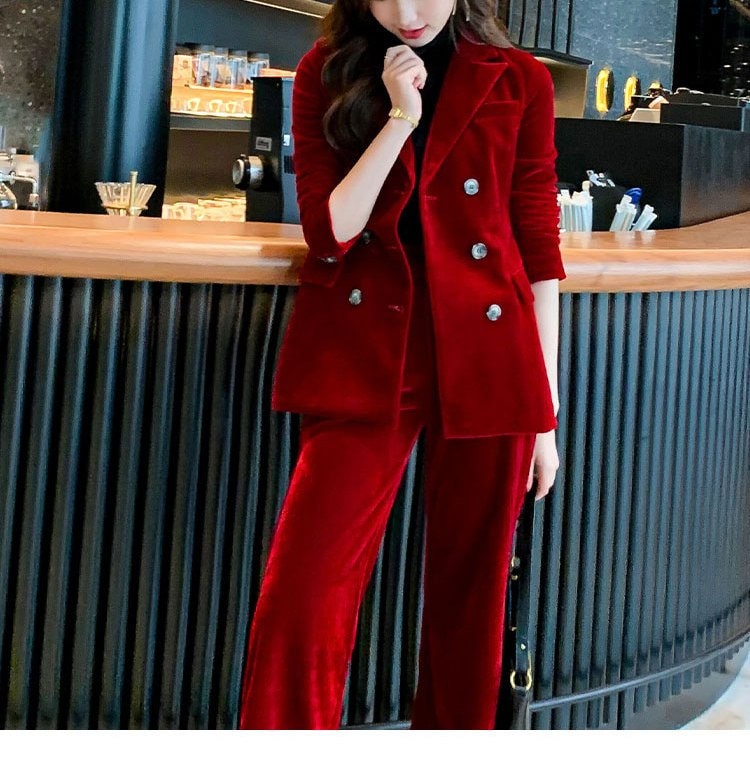 Velvet Red Pantsuit, Deluxe Designer Woman Korean Style Minimalist Montone Suit Jacket + Pants for Smart Casual/ Formal/ Gift for her